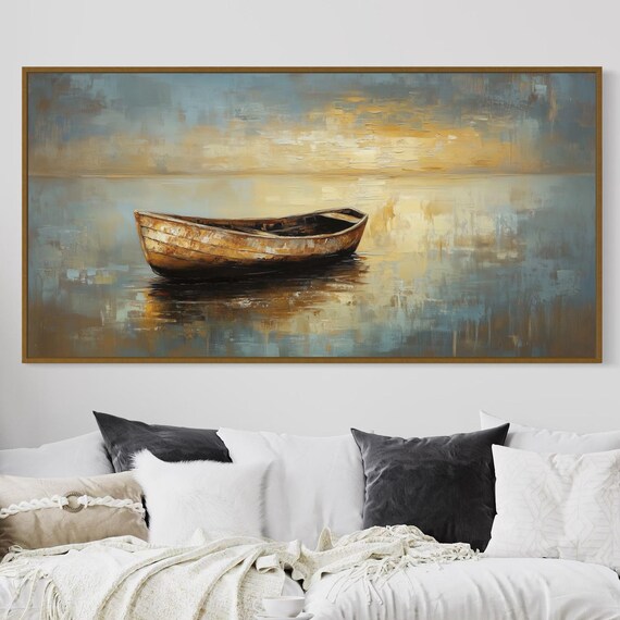 Rustic Boat Nautical Wall Art Peaceful Lakehouse Print Vintage Wooden Rowboat Wall Art Tranquil Coastal Landscape Decor