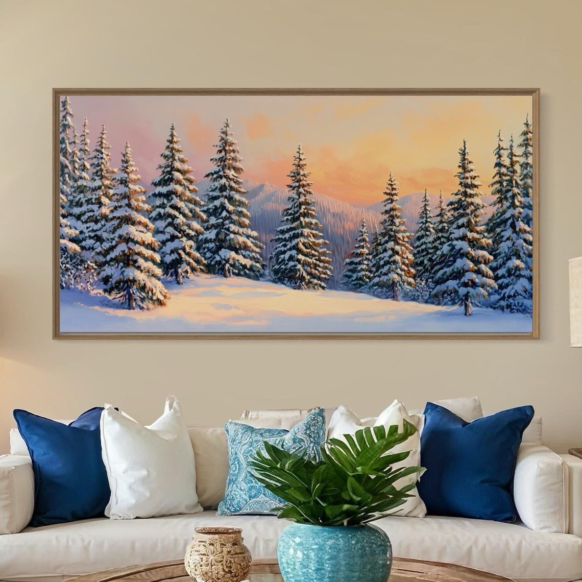 Snowy Pine Forest Winter Sunset Glow Mountains Panoramic Wall Print - Image 2