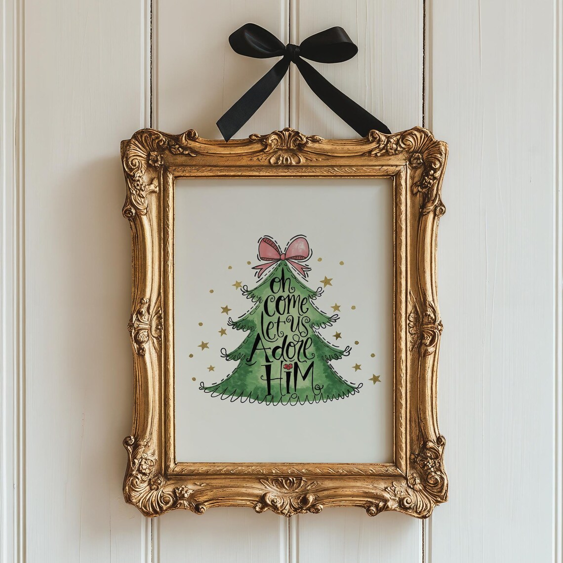 Oh Come Let Us Adore Him Whimsy Watercolor Christmas Tree Poster - Image 4