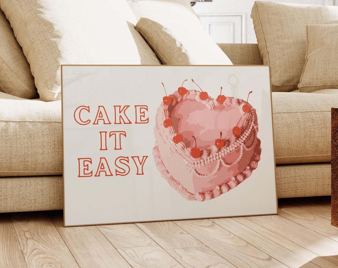 Cake It Easy Pink Heart Cherry Cake Girly Retro Kitchen Poster - Image 4