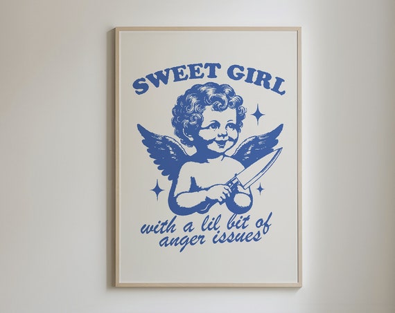 Sweet Girl With Anger Issues Vintage Angel Print Retro Girly Poster Funky Wall Art Print Trendy Wall Art For Apartment