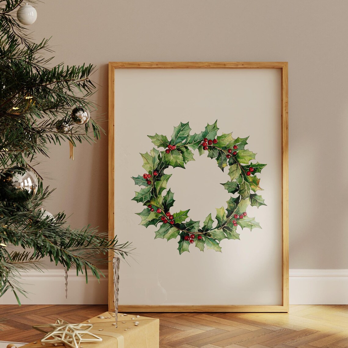 Holly Berry Wreath Watercolor Botanical Christmas Holiday Poster