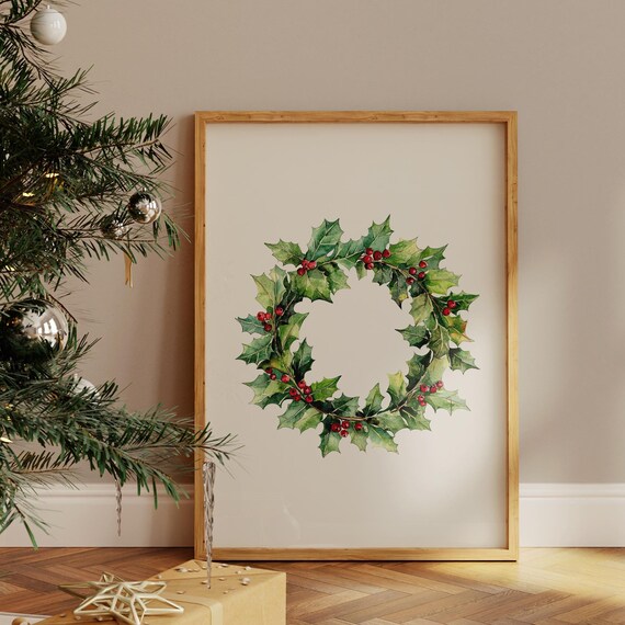 Holly Berry Wreath Watercolor Botanical Christmas Holiday Poster