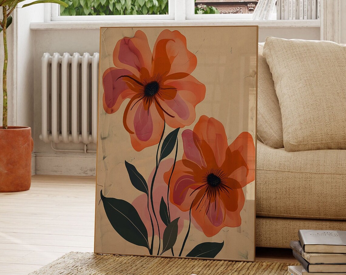 Boho Abstract Poppy Flower Art Orange Pink Modern Botanical Poster