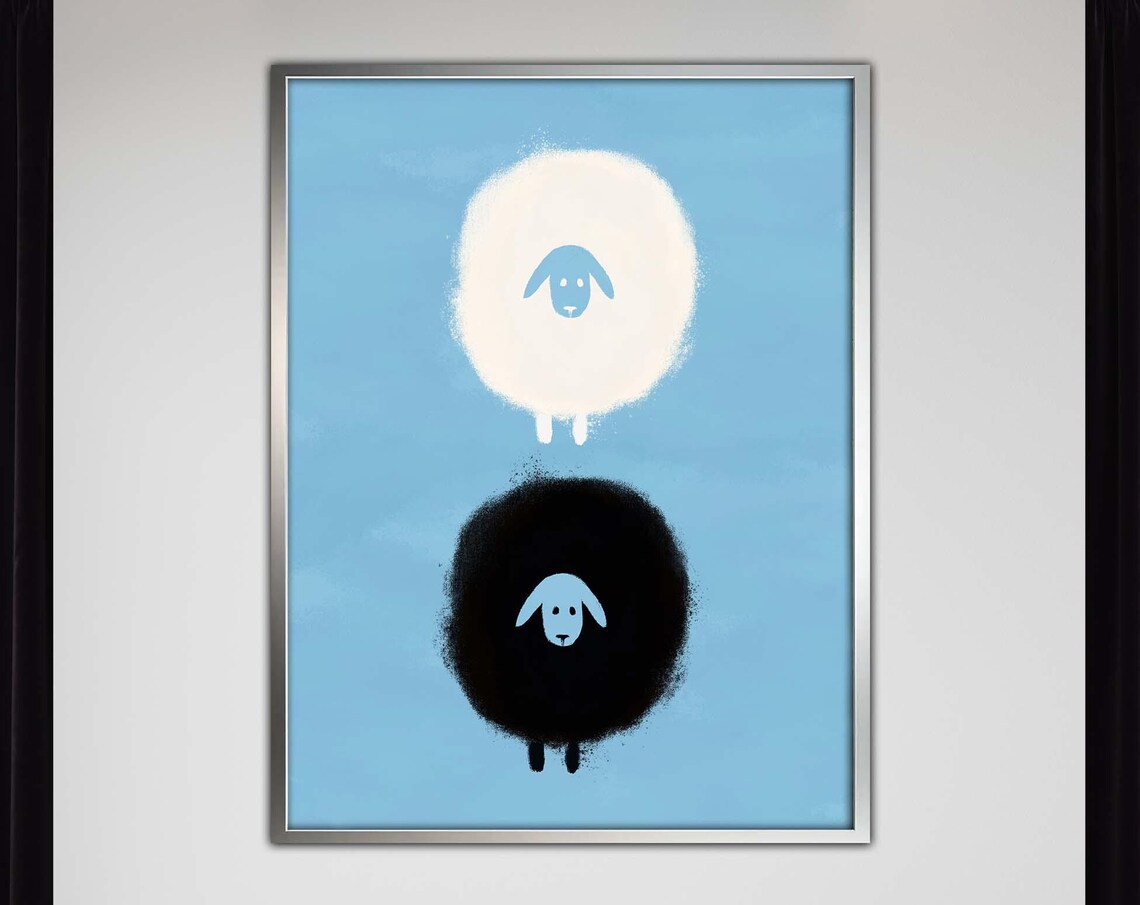 Two Fluffy Sheep Minimalist Black And White Animal Art Poster