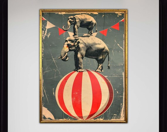Vintage Circus Elephant Art Retro Animal Print On Ball Poster Whimsical Wall Decor Playful Canvas Ready To Hang