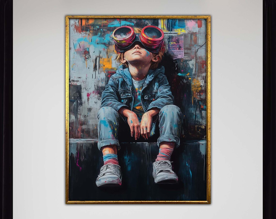 Kid With Red Goggles Colorful Splatter Urban Kids Room Poster