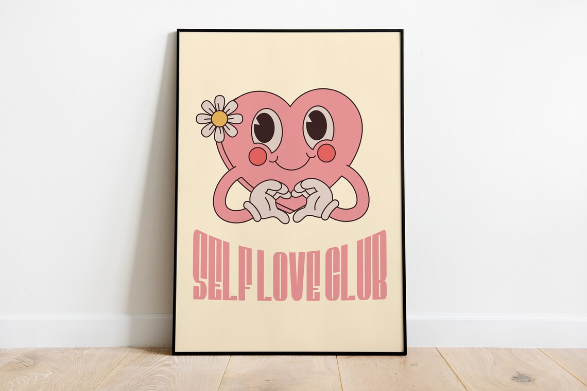 Self Love Club Retro Pink Heart Character Affirmation Poster - Image 3