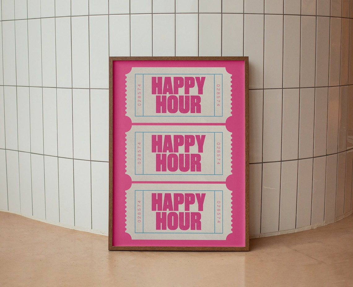 Happy Hour Pink Ticket Retro Bar Cart Trendy Wall Decor Poster
