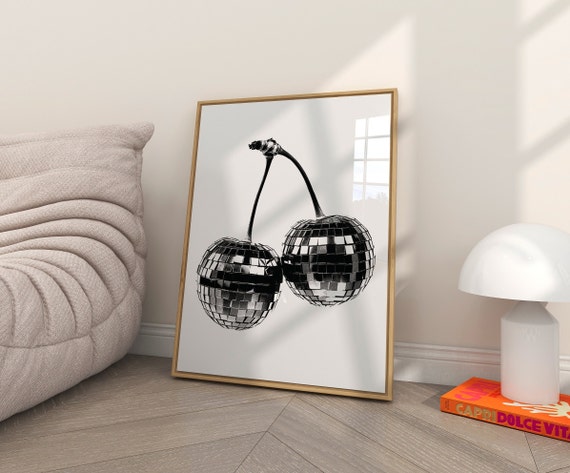 Cherry Disco Ball Print Retro Prints Y2k Disco Wall Art Trendy Poster Art Cherry Aesthetic College Apartment Decor Bar Cart Art
