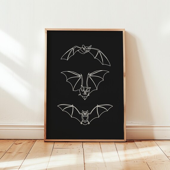 Flying Bats Line Art Black Background Minimalist Halloween Poster