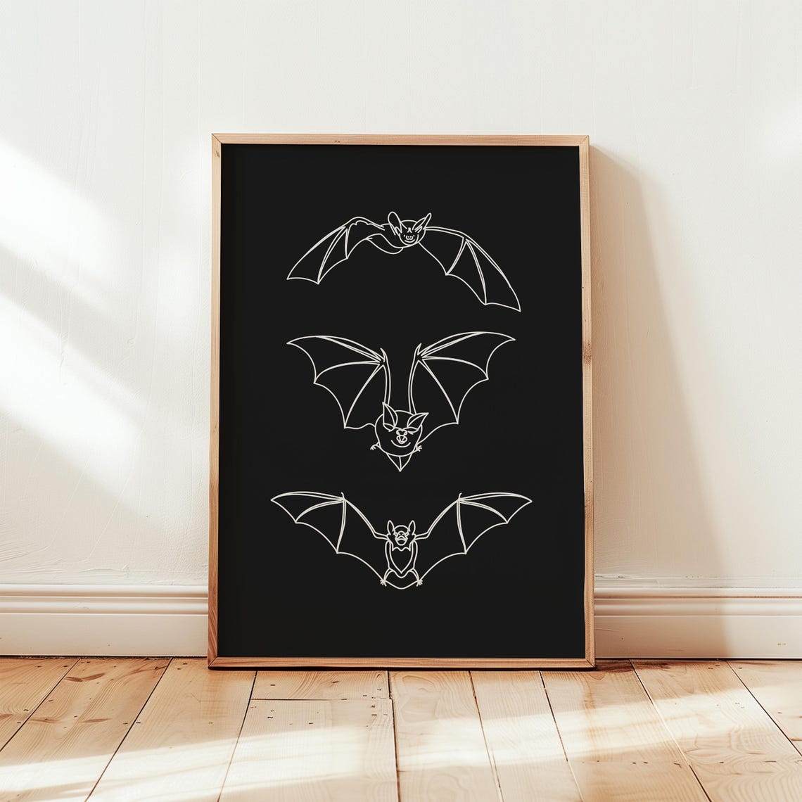 Flying Bats Line Art Black Background Minimalist Halloween Poster