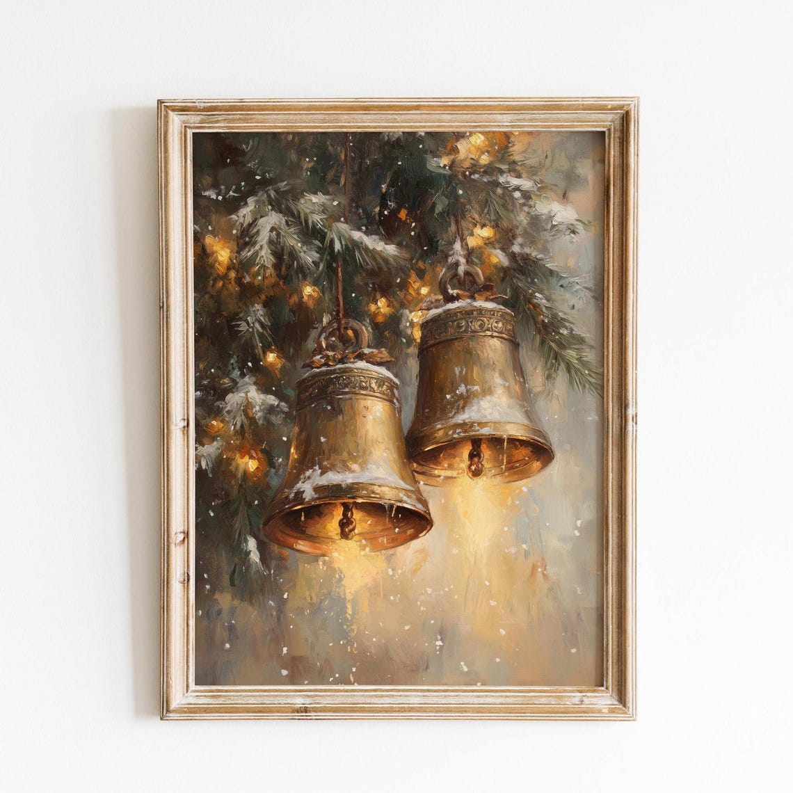 Bronze Christmas Bells on Snowy Pine Branches Moody Winter Poster