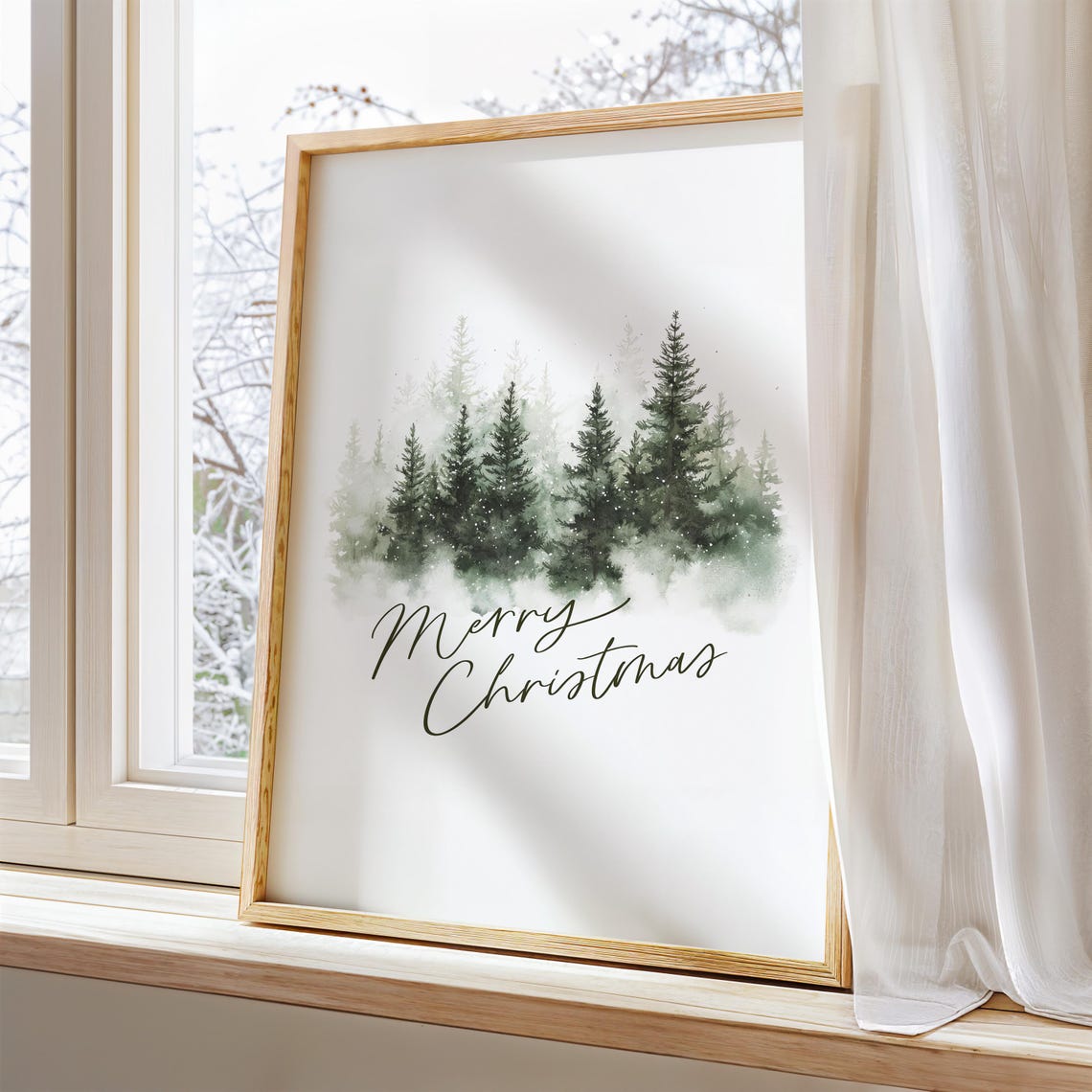 Misty Pine Forest Merry Christmas Watercolor Minimalist Poster - Image 4