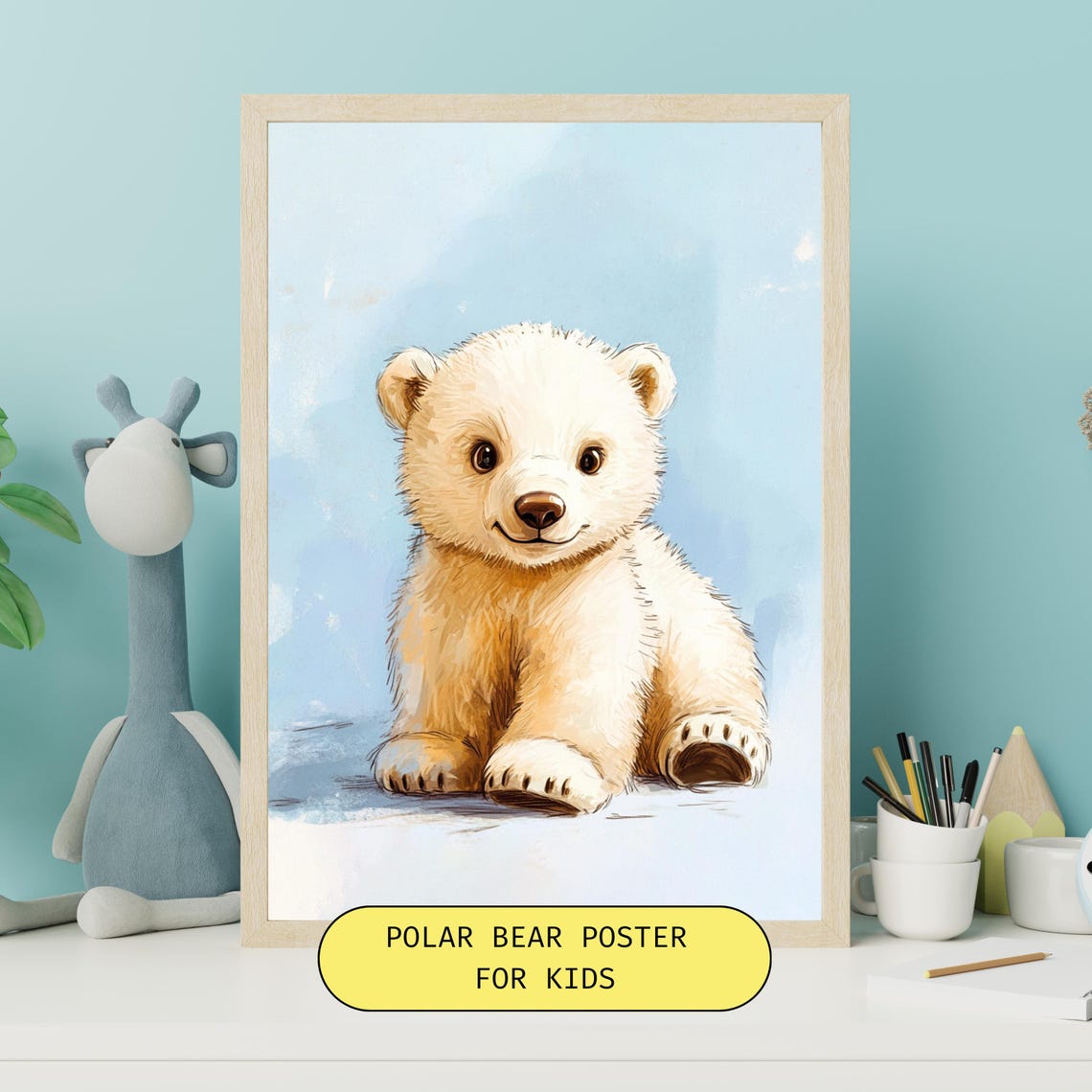 Adorable Cuddly Baby Polar Bear Cub Sitting in Snow Nursery Poster