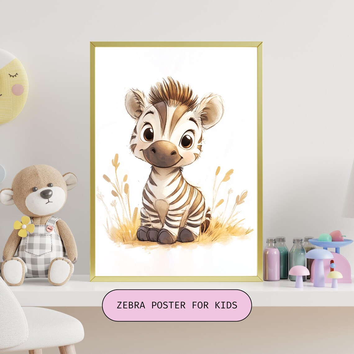 Sweet Happy Baby Zebra Foal Sitting in Golden Grass Nursery Poster