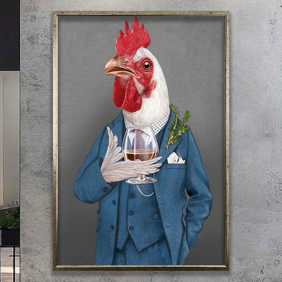Dapper Rooster in Blue Suit Holding a Brandy Glass Portrait Poster