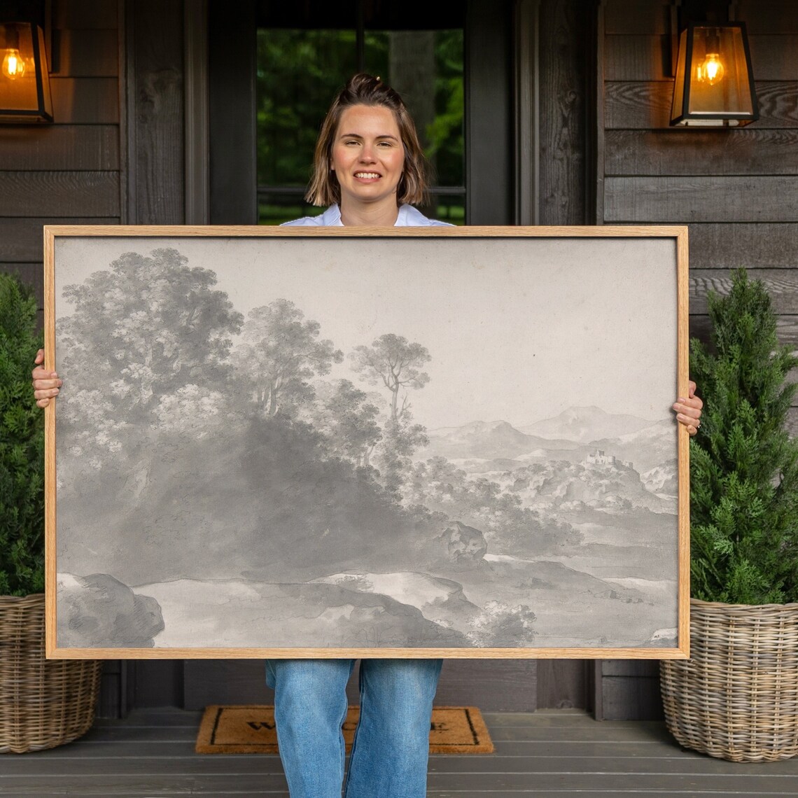 Black And White Landscape Painting, Neutral Wall Art Print