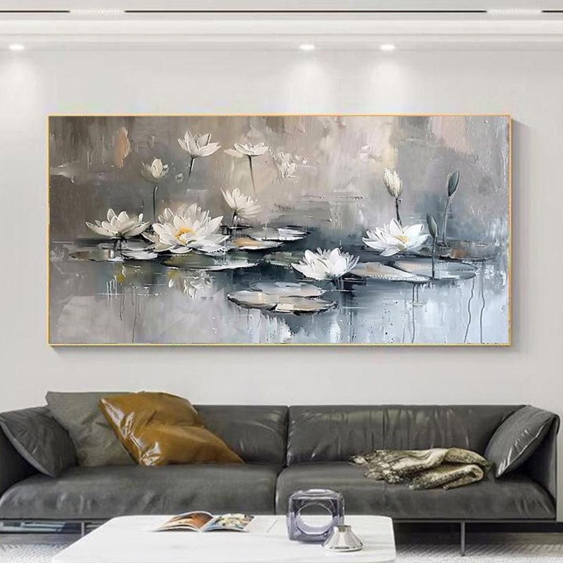 White Lotus Blossoms on a Misty Grey Pond Serene Floral Poster