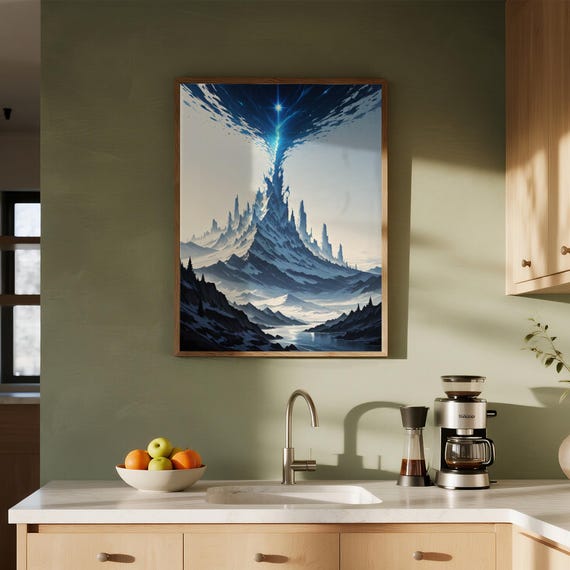 Aetherial Peak Fantasy Landscape Scifi Art Mountain Wall Cosmic Light Ice Kingdom Print Winter Scenery Unique Gift
