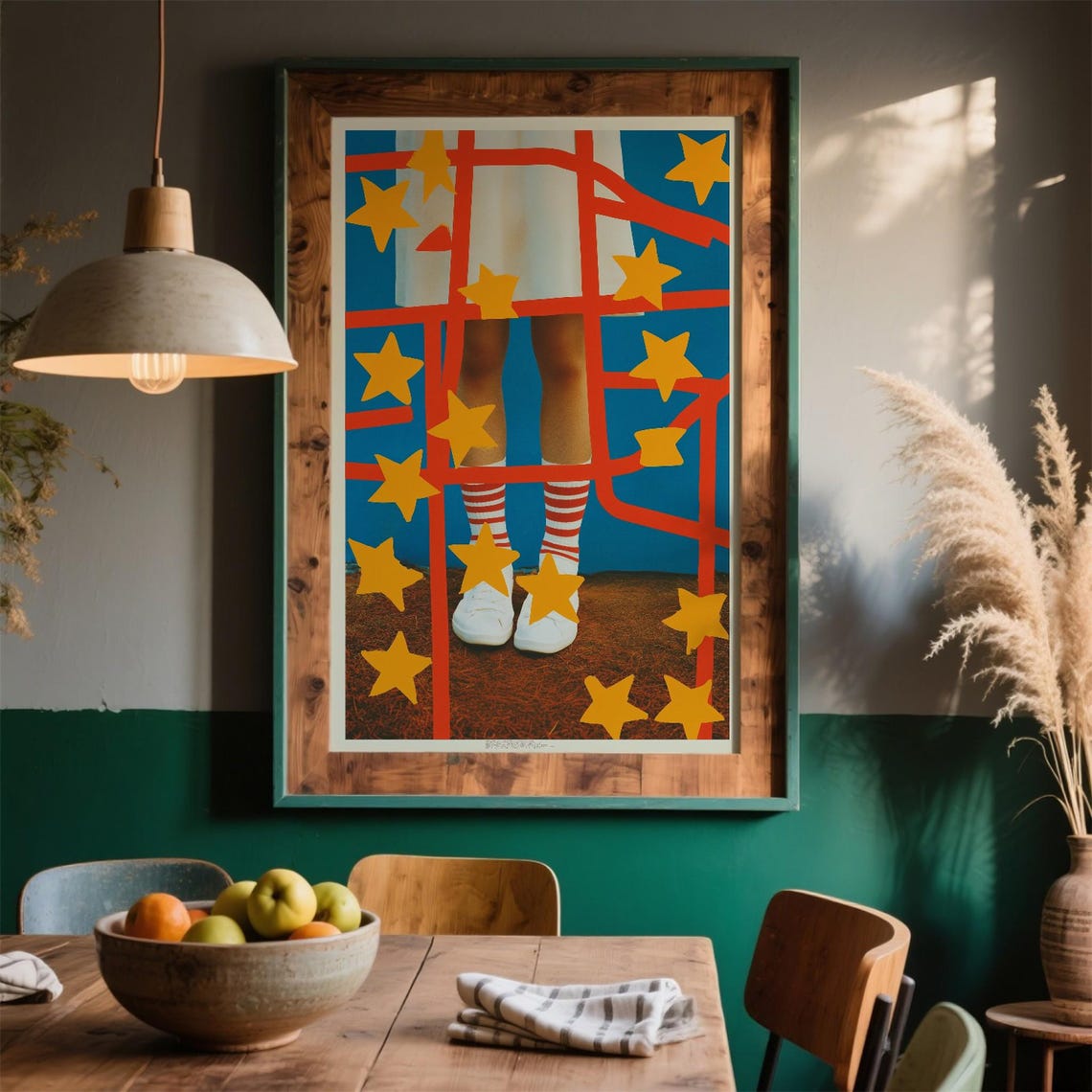 Retro Star Grid Striped Socks Sneakers Playful Pop Collage Art Poster