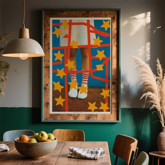 Whimsical Childs Play Art Print Retro Collage Stars Stripes Modern Nursery Decor Unique Kids Room Poster Imaginative Home Gift