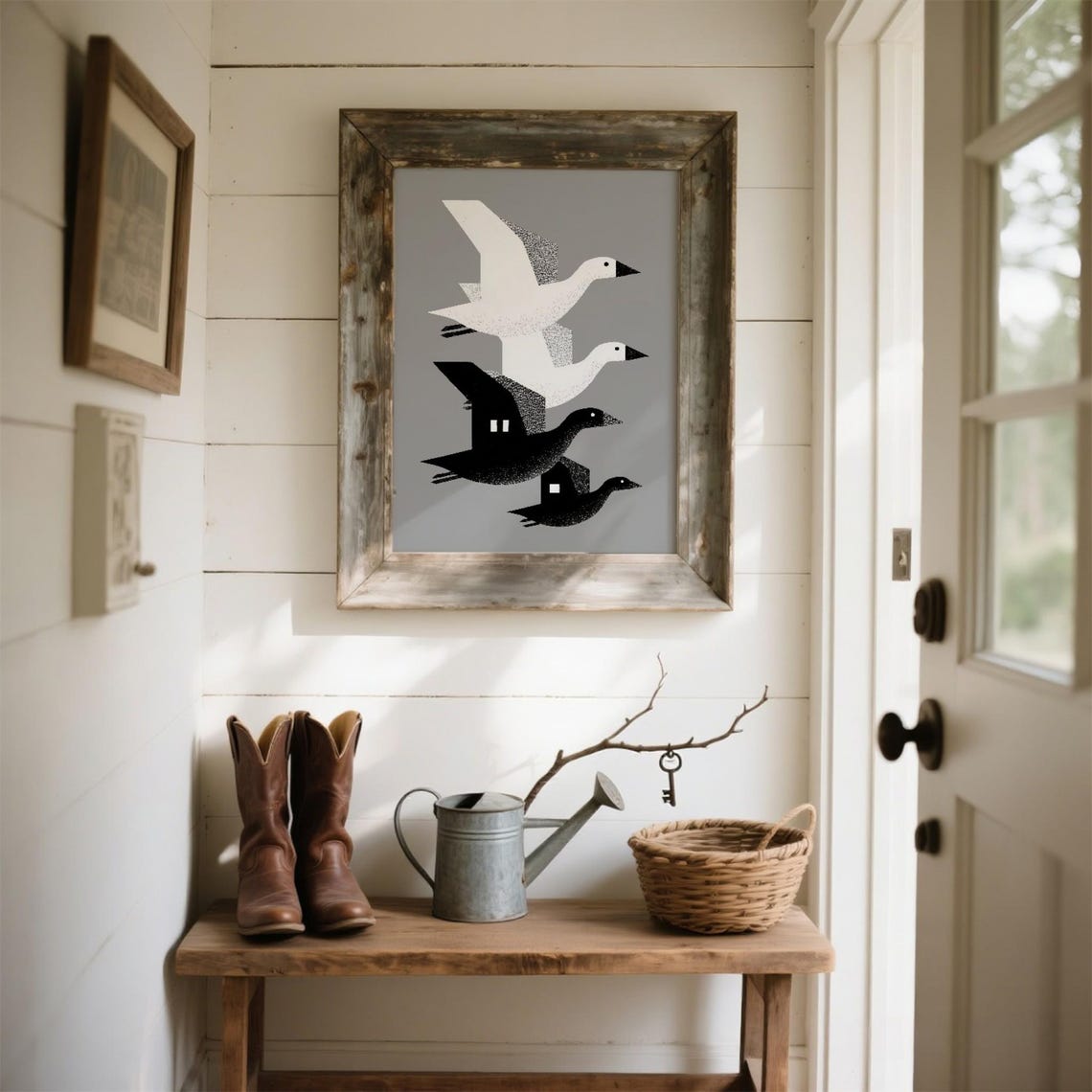 Black White Geese Flying Geometric Minimal Abstract Bird Poster