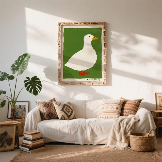 Charming Folk Art Duck Print Simple Animal Illustration Green Background Farmhouse Kitchen Decor Minimalist Avian