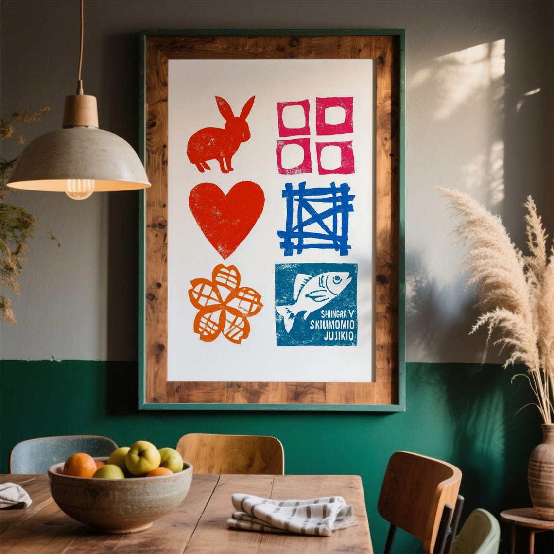 Colorful Rubber Stamp Grid Rabbit Heart Fish Japanese Style Art Poster