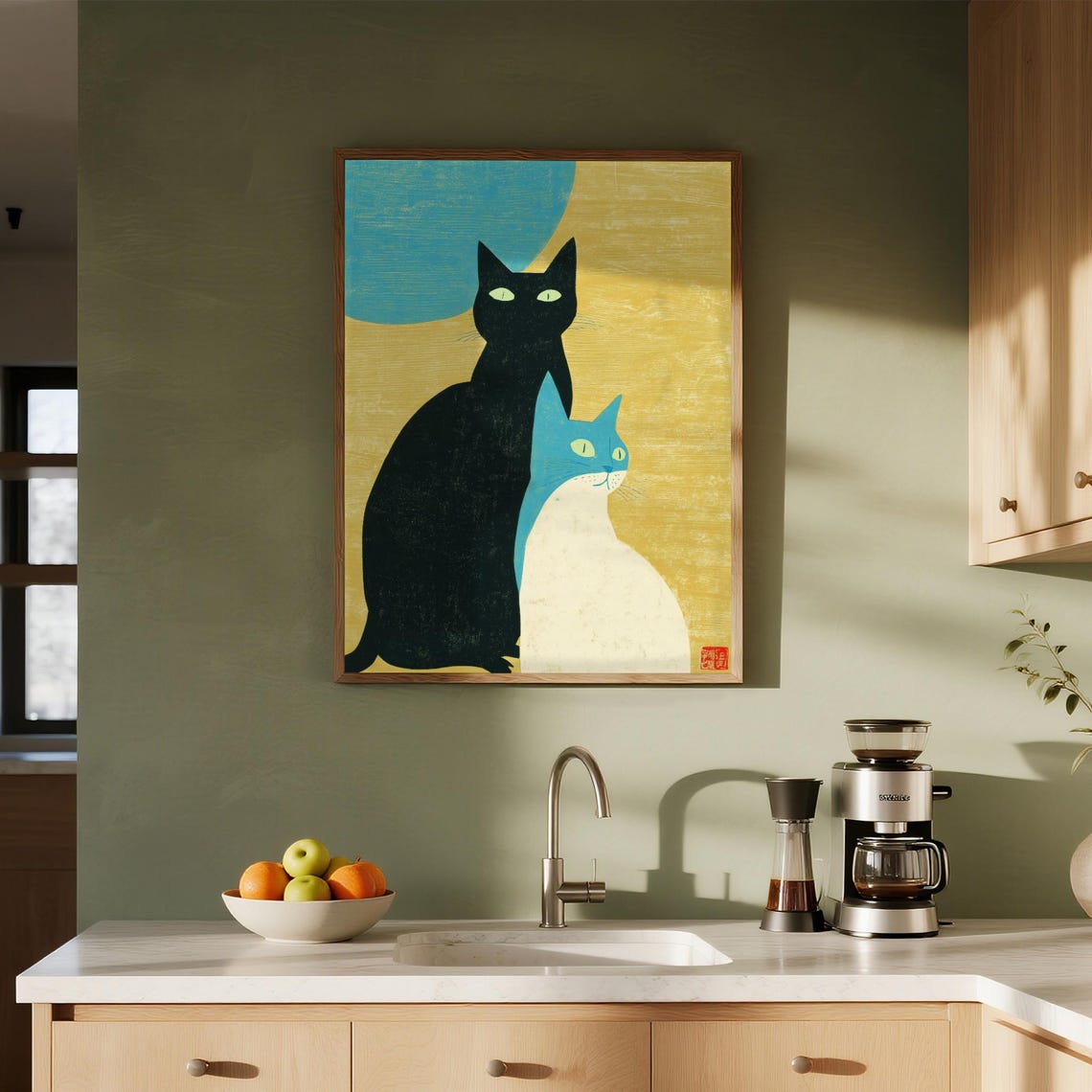 Minimalist Two Cats Black Blue Geometric Modern Feline Poster