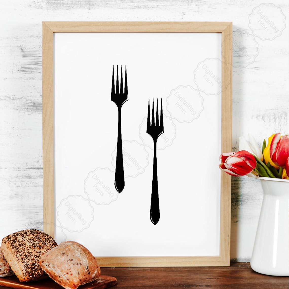 Set of 5 Kitchen Wall Decor Bon Appetit Cutlery Coffee Cup Poster - Image 2