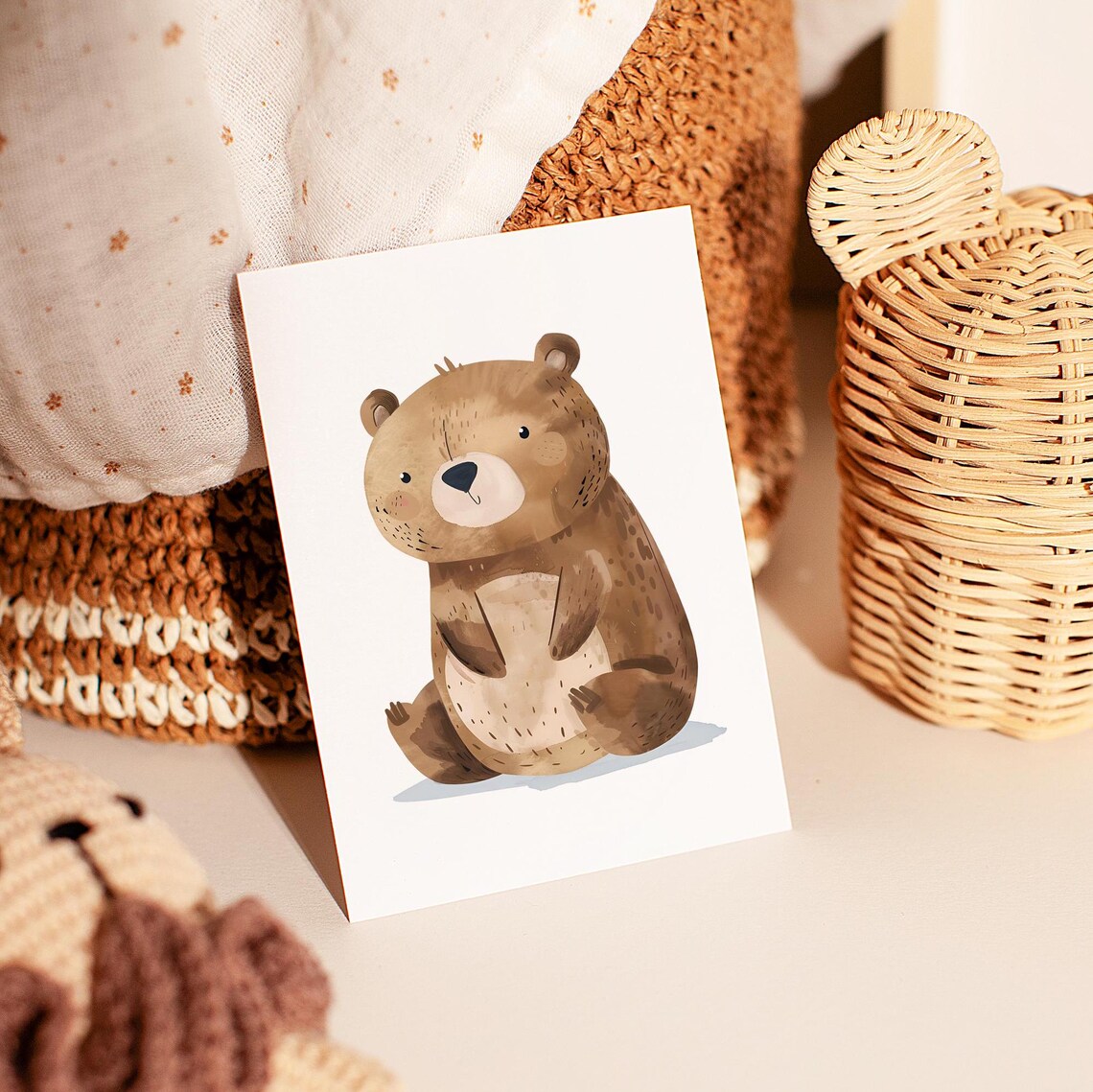 Cute Brown Bear Watercolor Woodland Nursery Room Decor Wall Art - Image 2