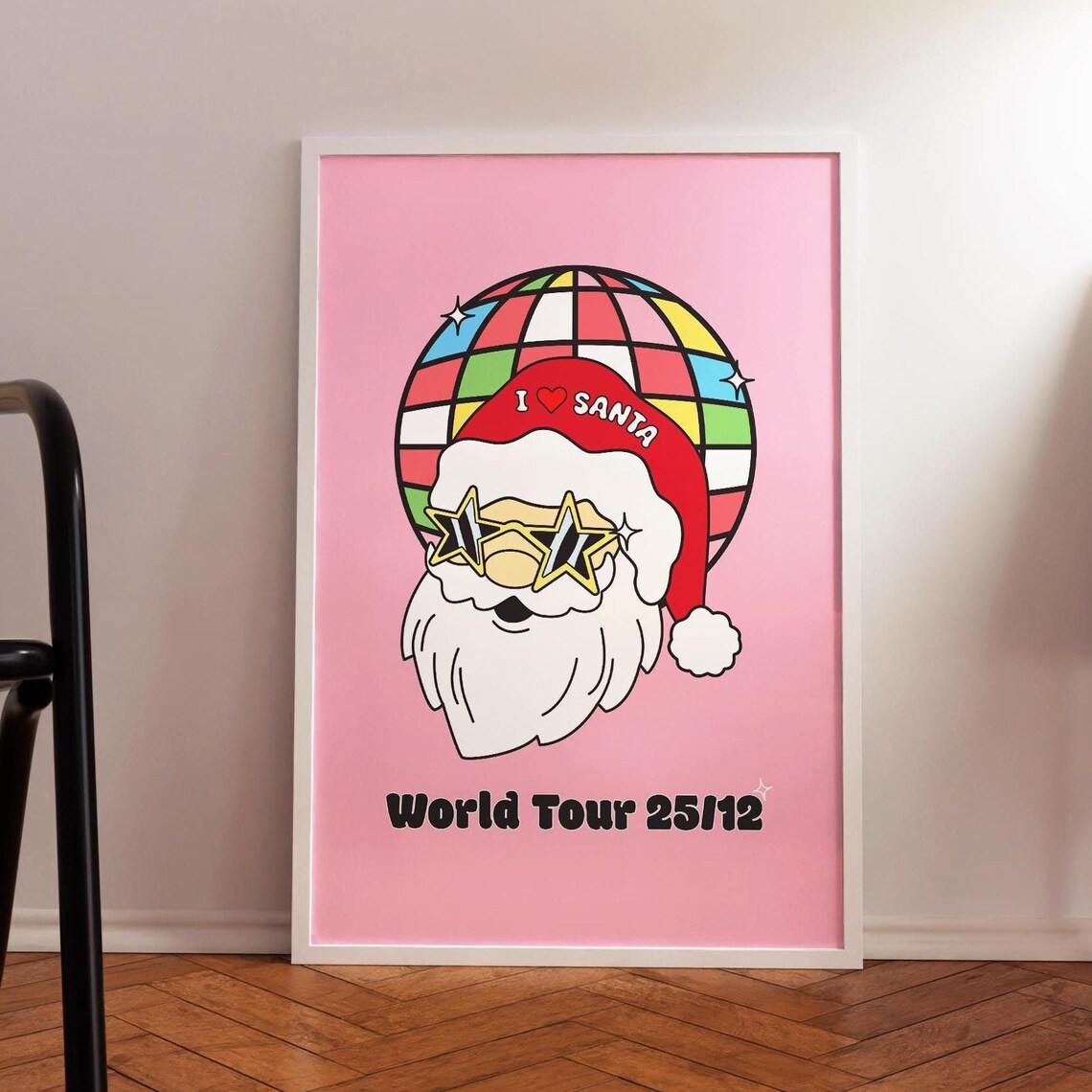 Disco Santa World Tour Pink Retro Funny Christmas Wall Poster