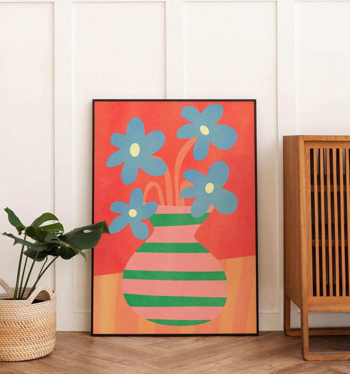 Blue Flowers In Pink Green Striped Vase Maximalist Colorful Art Poster - Image 2