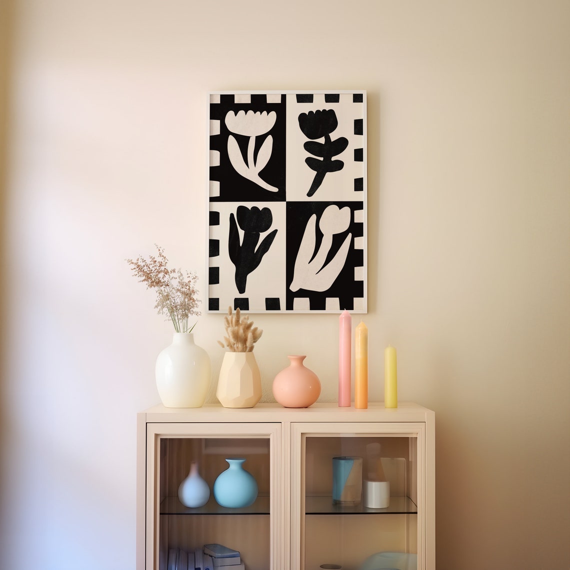 Black White Flower Checkered Four Panel Scandinavian Art Poster - Image 2