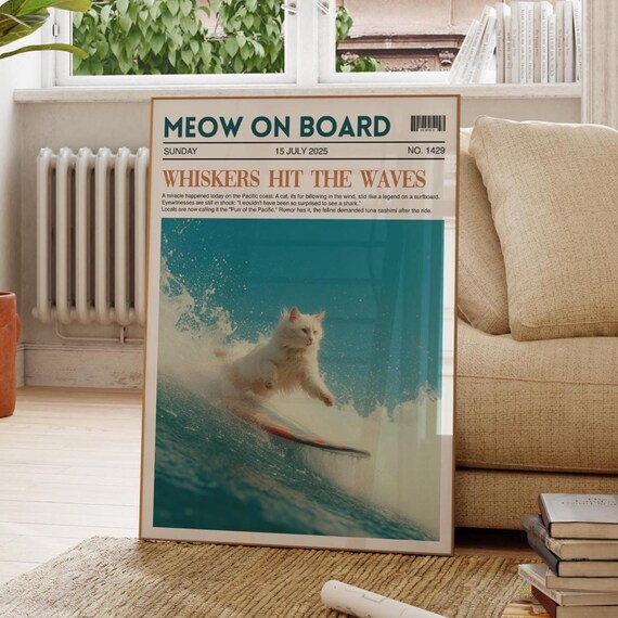 Meow On Board Surfing Cat Whiskers Waves Vintage Newspaper Poster