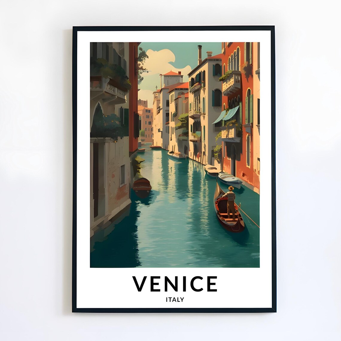 Venice Italy Gondola Canal Sunlit Palazzi Vintage Travel Poster