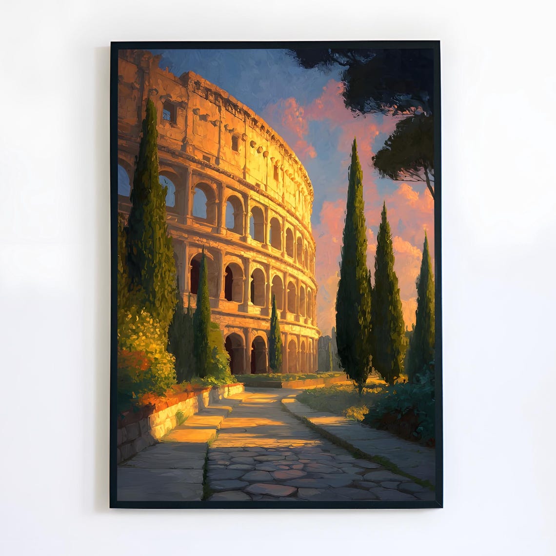 Rome Colosseum Sunset Cypress Trees Golden Hour Travel Poster