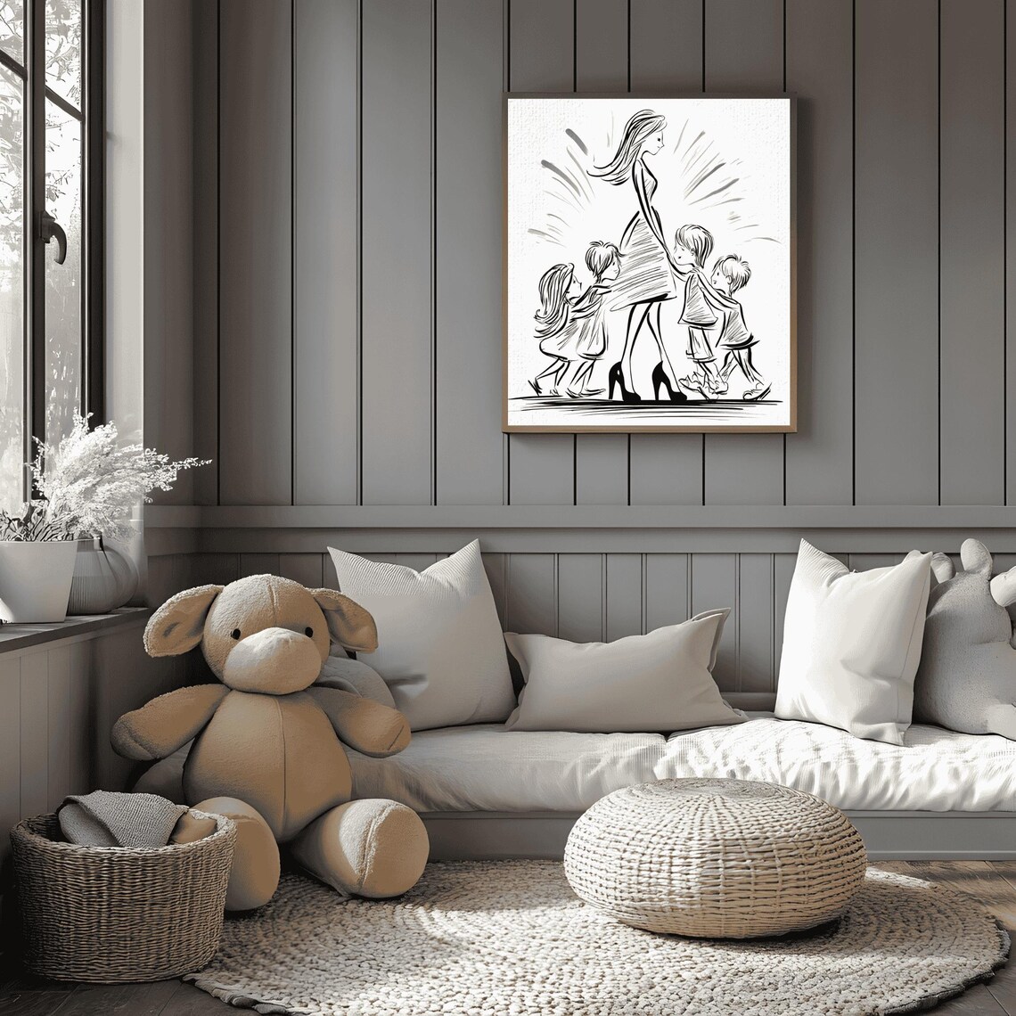 Mother Walking Three Children Sketch Fashion Style Family Bond Poster - Image 3
