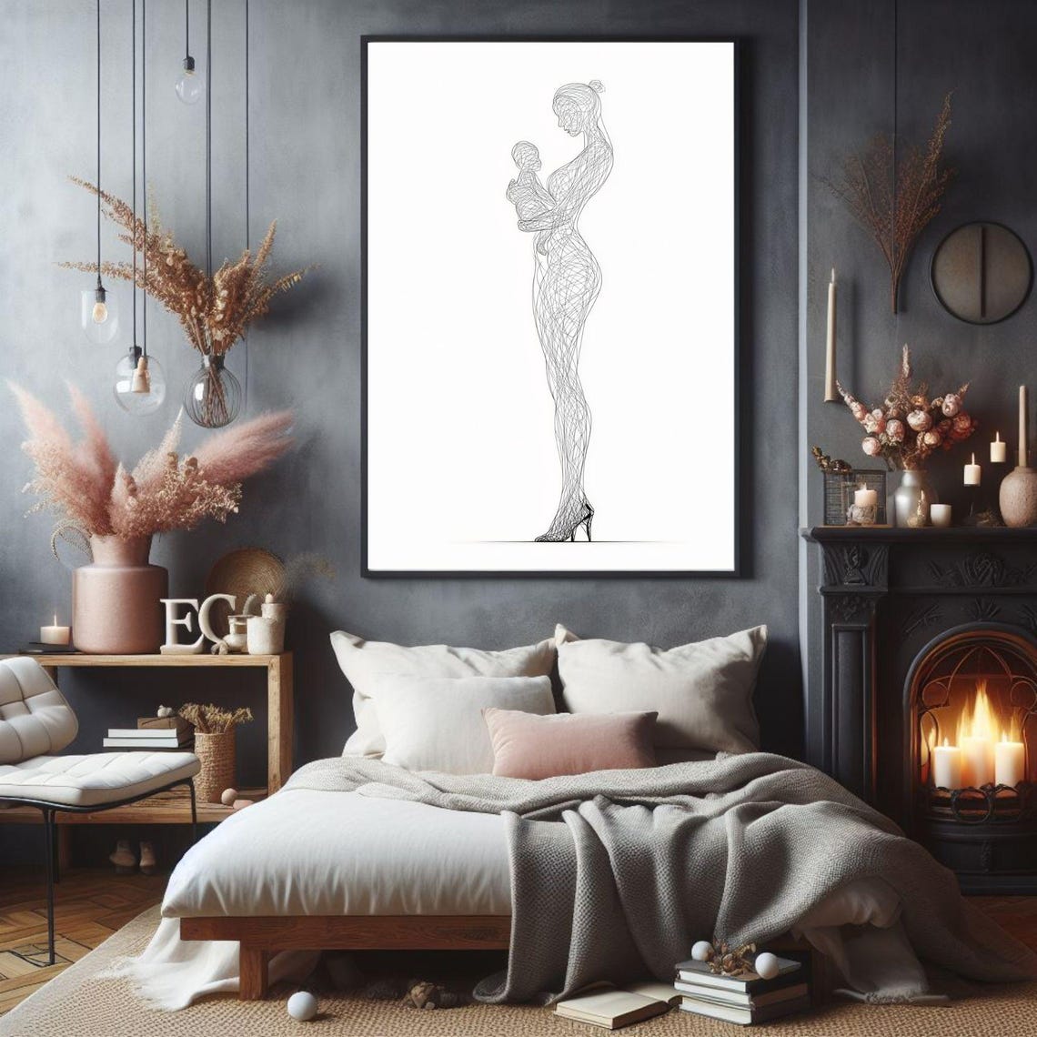 Minimalist Mother Child Line Drawing Wall Art Print For Nursery Or Home Elegant Black And White Sketch Decor - Image 3