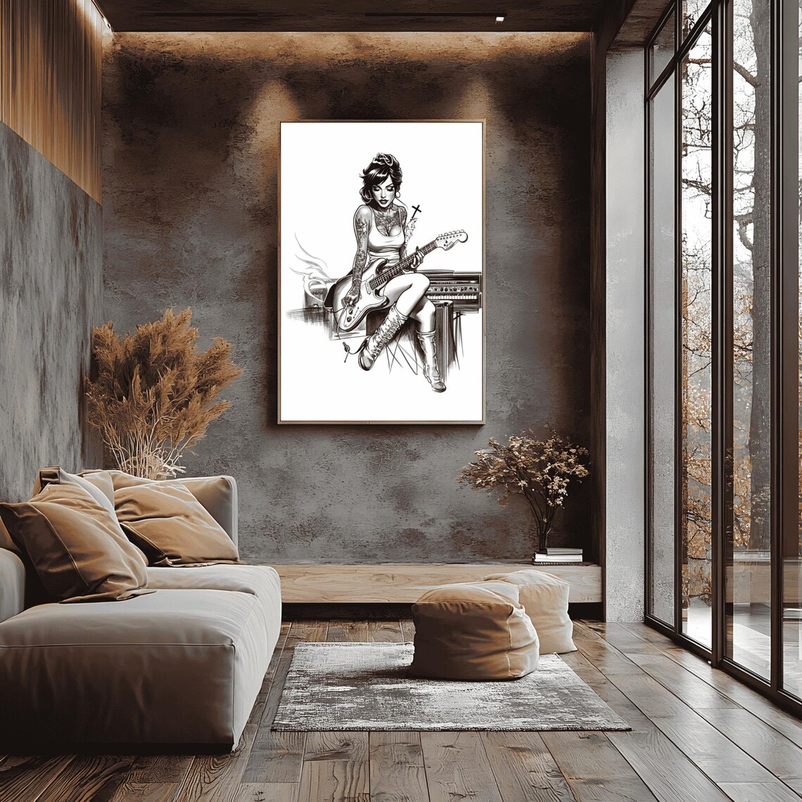 Tattooed Woman Guitarist Rock Pin Up Black White Ink Drawing Art Poster - Image 2