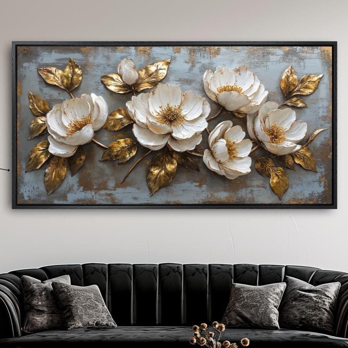 White Flowers With Gold Leaves Textured Relief Botanical Poster