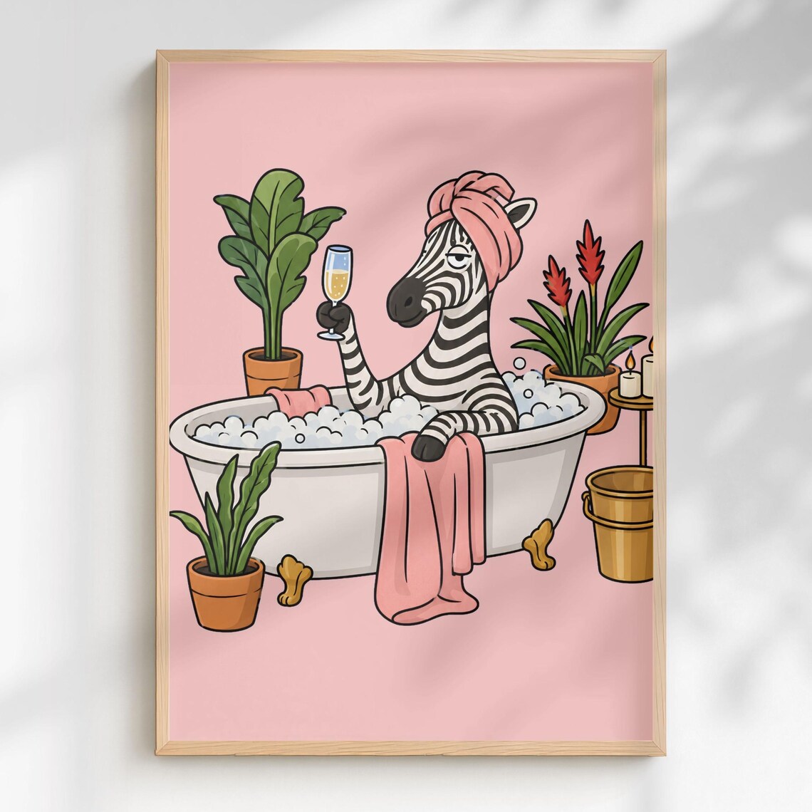 Zebra Spa Day Bubble Bath Champagne Whimsical Pink Animal Poster