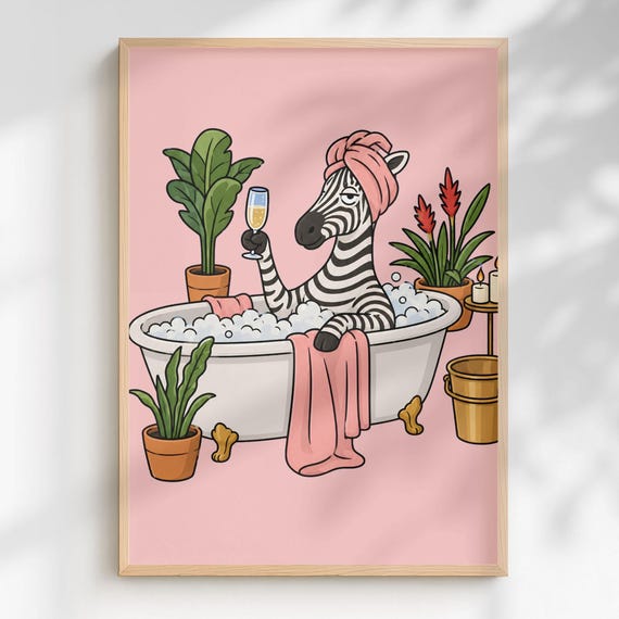Zebra Bathing Print Whimsical Animal Spa Art Tropical Maximalist Decor Digital Download