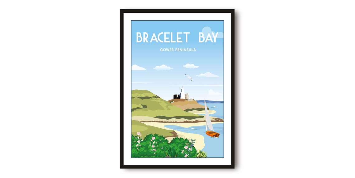 Bracelet Bay Gower Peninsula Wales Lighthouse Coastal Travel Poster