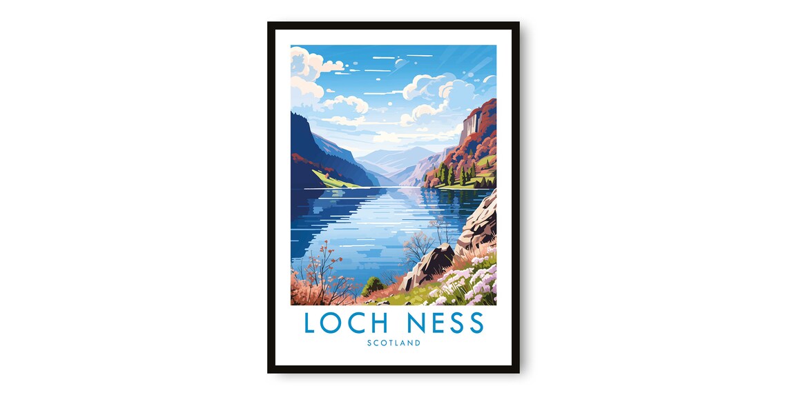 Loch Ness Scotland Poster with Illustrated Highland Hills and Loch