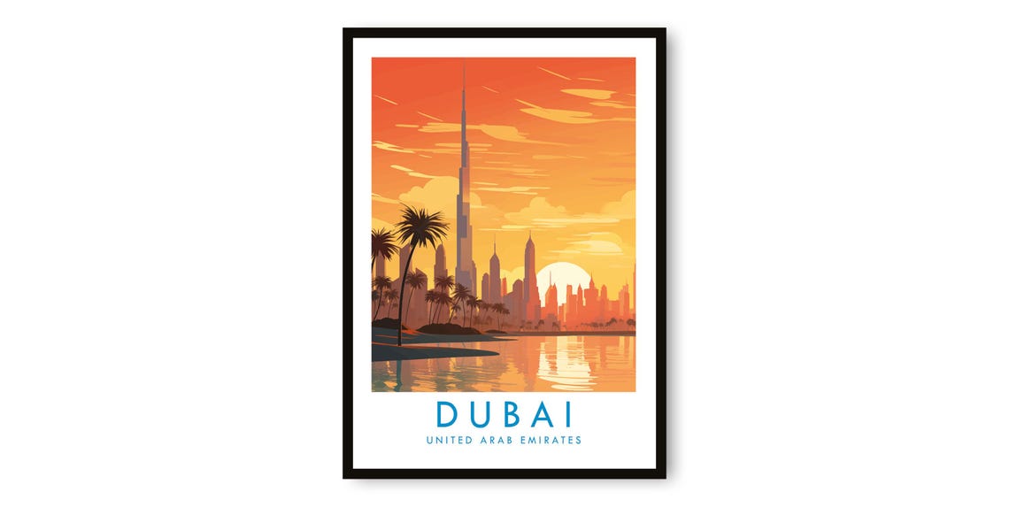 Dubai Skyline Sunset Illustration with Burj Khalifa Silhouette Poster