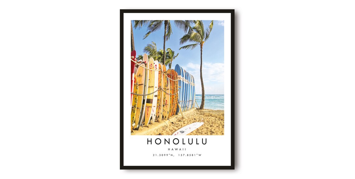 Honolulu Surfboard Minimalist Travel Poster, Hawaii