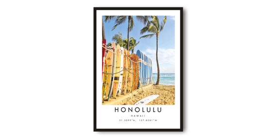 Honolulu Surfboard Minimalist Travel Poster, Hawaii