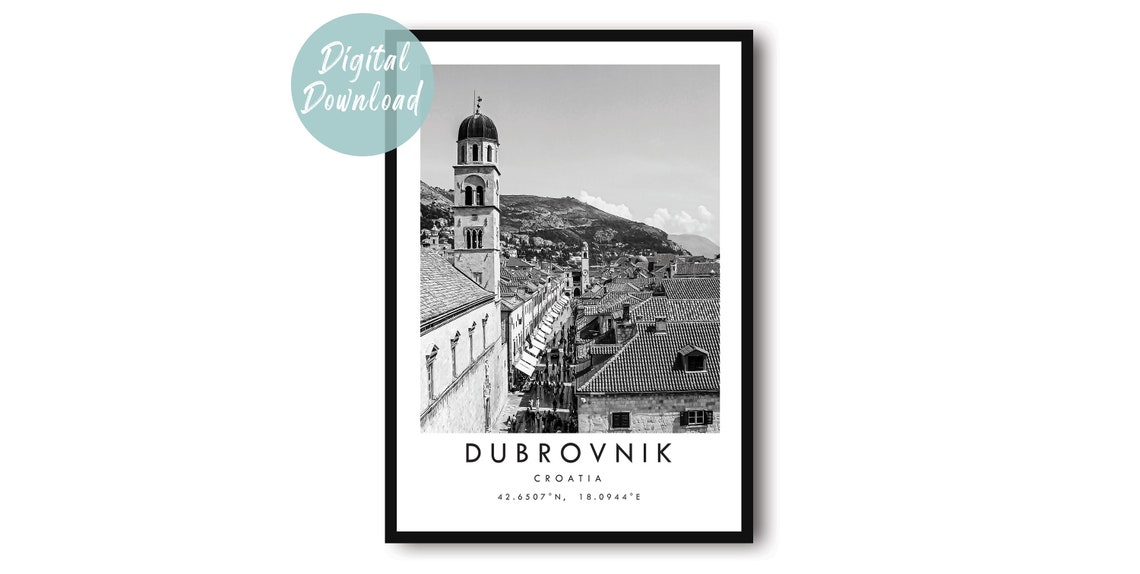 Dubrovnik Old Town Bell Tower Rooftops Black and White Travel Poster